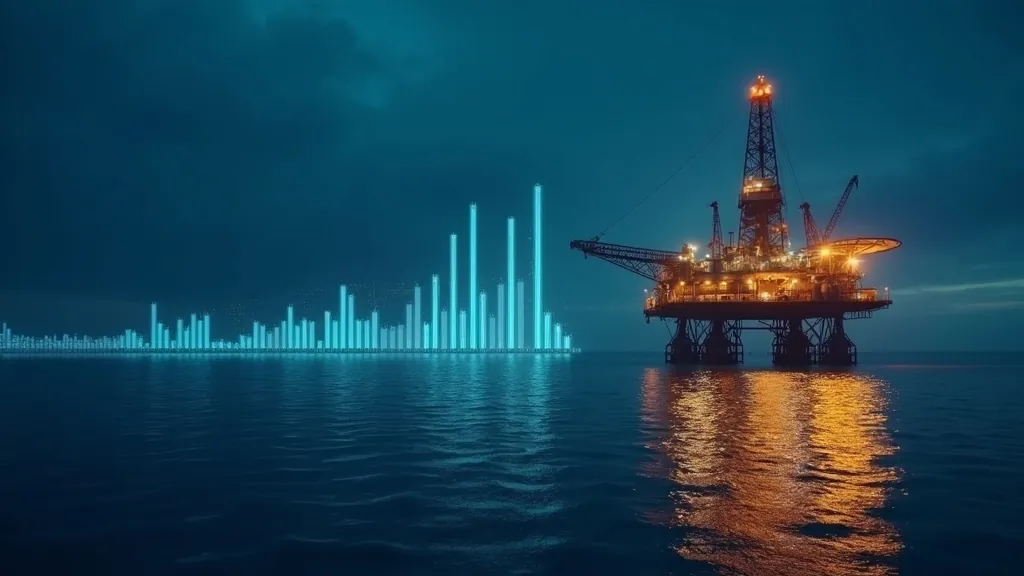 Leuchtende Offshore-Ölplattform in der Nordsee neben einem leuchtenden Cyan- und Gold-Preischart auf dunklem Indigohintergrund