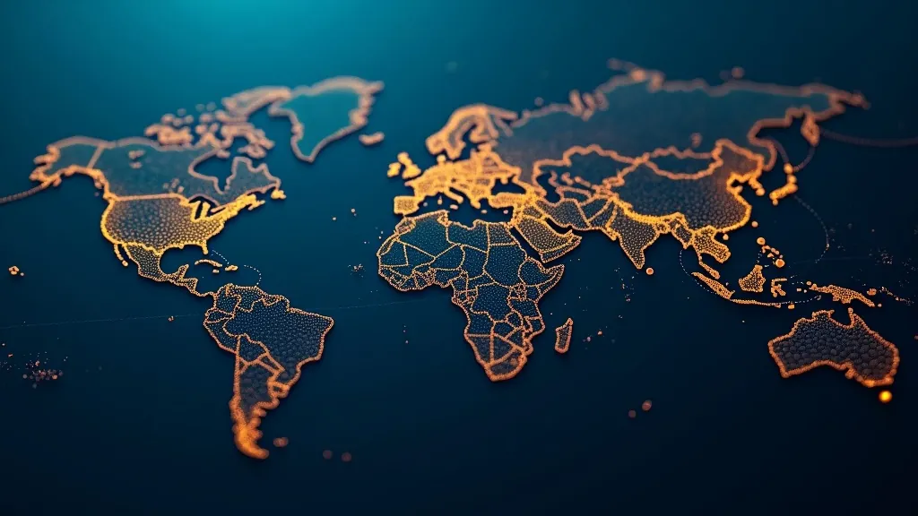 Netzwerk aus leuchtenden Öltankern und globalen Schifffahrtsrouten, in Cyan über dunklem Marineblau nachgezeichnet, mit einer leuchtenden goldenen Preislinie