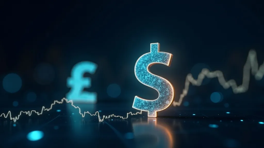 Simboli astratti e luminosi della sterlina e del dollaro su un grafico forex in un indaco scuro