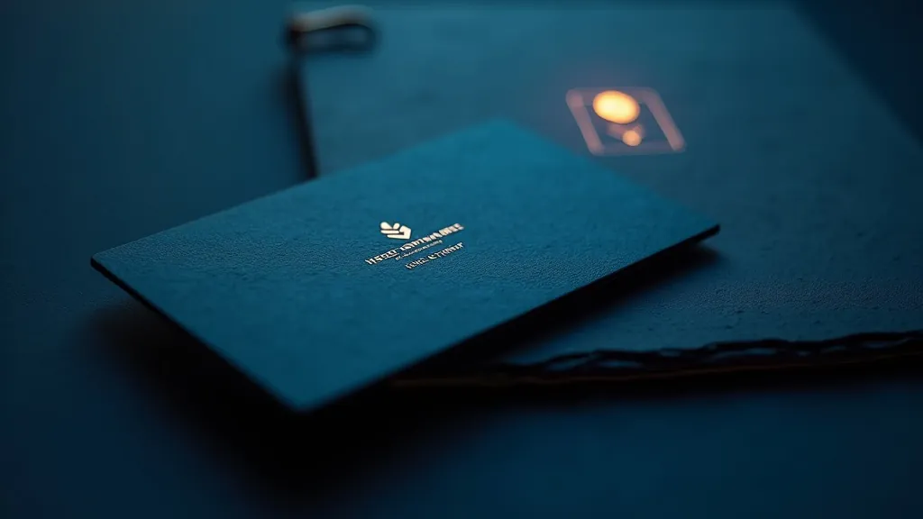 Elegante besigheidskaartjie en handtekening-embleem op professionele skryfbehoeftes wat in sianblou en goud gloei