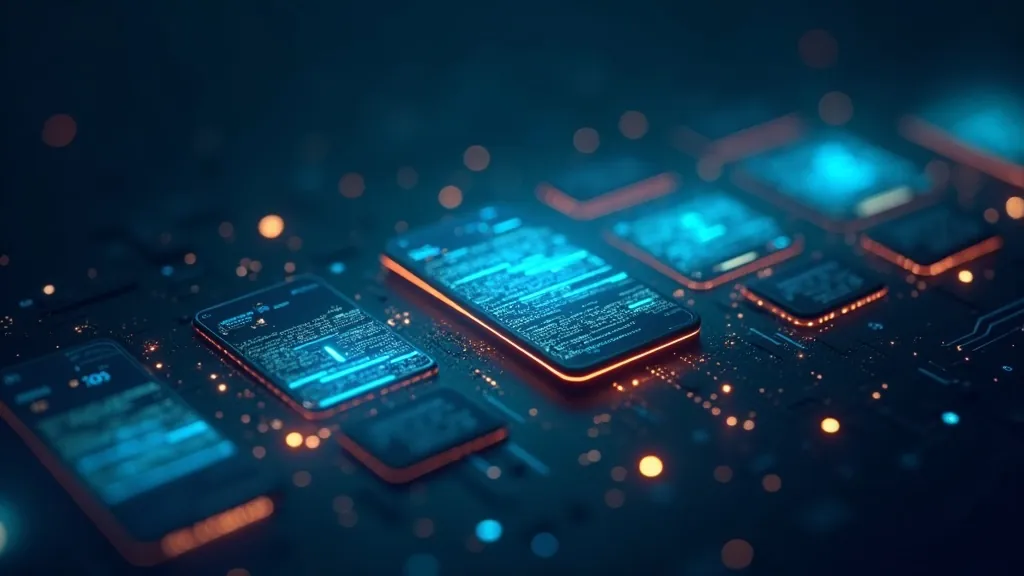 Abstrakte API-datapyplyn met gloeiende terminaal-styl panele in vlootblou en goud, geen leesbare teks nie