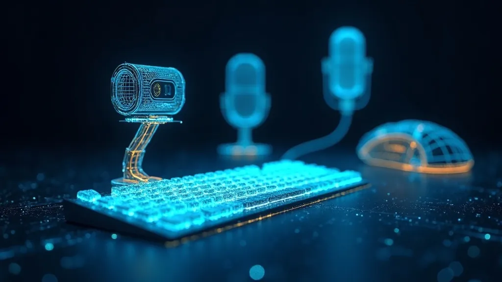 كاميرا ويب وميكروفون ولوحة مفاتيح وفأرة مجرّدة متوهجة مرسومة كعتاد شبكي سماوي وذهبي على خلفية نيلية داكنة