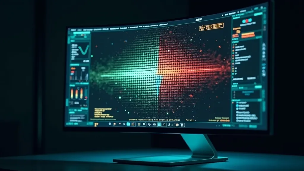 شاشة تملأ الإطار بنمط اختبار لون صلب مع طبقة قراءة تشخيصية سماوية وذهبية متوهجة على خلفية كحلية داكنة