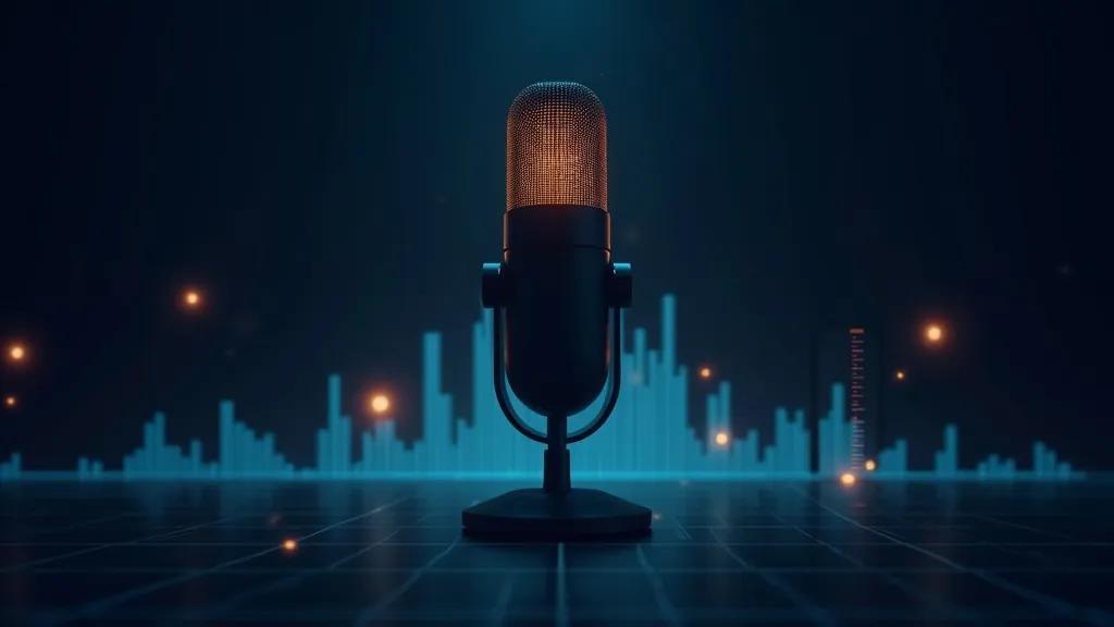 Zářící studiový mikrofon se svítící vlnovkou a indikátorem úrovně na tmavě indigovém pozadí