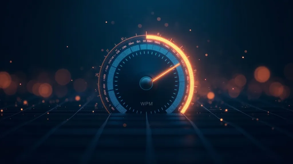 Abstrakte gloeiende WPM-spoedmeter gepaard met 'n syaan en goud akkuraatheidsring teen 'n donker vlootblou agtergrond