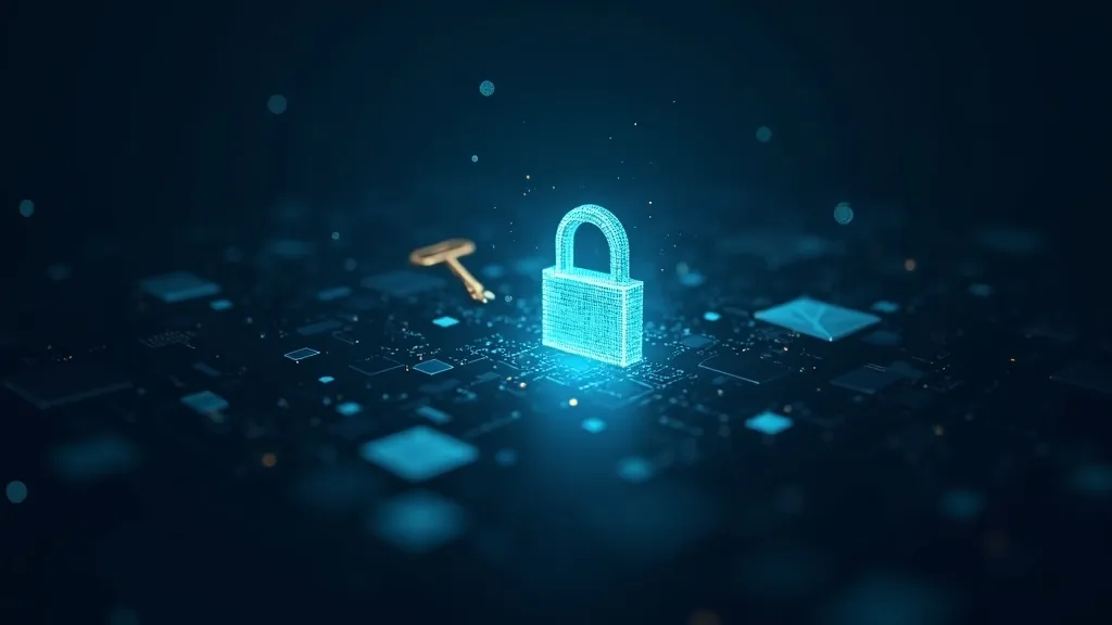 Griglia luminosa in stile QR e una chiave astratta fluttuante su uno sfondo indaco scuro, che illustra i generatori online di password e codici