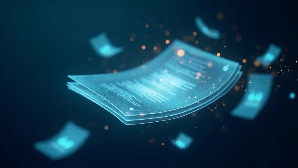 Diversi fogli PDF luminosi che si uniscono in un'unica pila ordinata