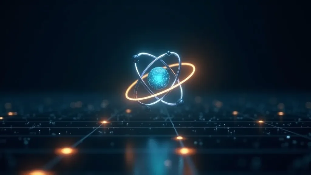 Zářící atom s obíhajícími elektrony vznášející se nad abstraktní mřížkou buněk prvků v tmavě modré, azurové a zlaté barvě