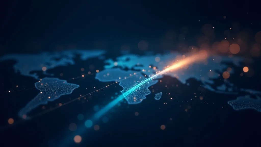 Puls de semnal cyan strălucitor călătorind de-a lungul unei căi de rețea pe o hartă întunecată indigo către un nod de server îndepărtat