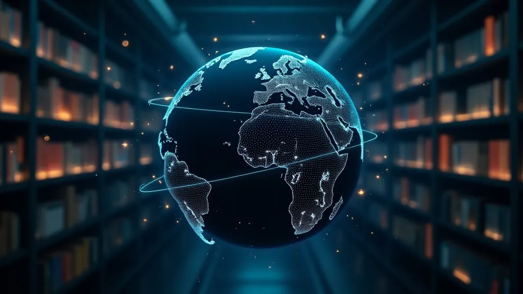 Abstrakte wêreldbol toegedraai in gloeiende sianblou verbindingslyne wat landskodes en 'n oneindige databiblioteek verteenwoordig