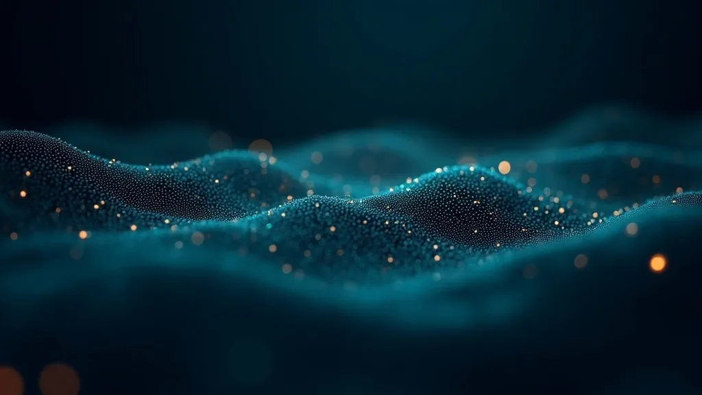 Selected words glowing gold and highlighted within a flowing river of cyan text-like particles on dark navy
